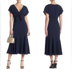 NWT ML Monique Lhuillier Midi Dress
Crepe Cocktail Navy Blue Ruffle Hem Womens 6